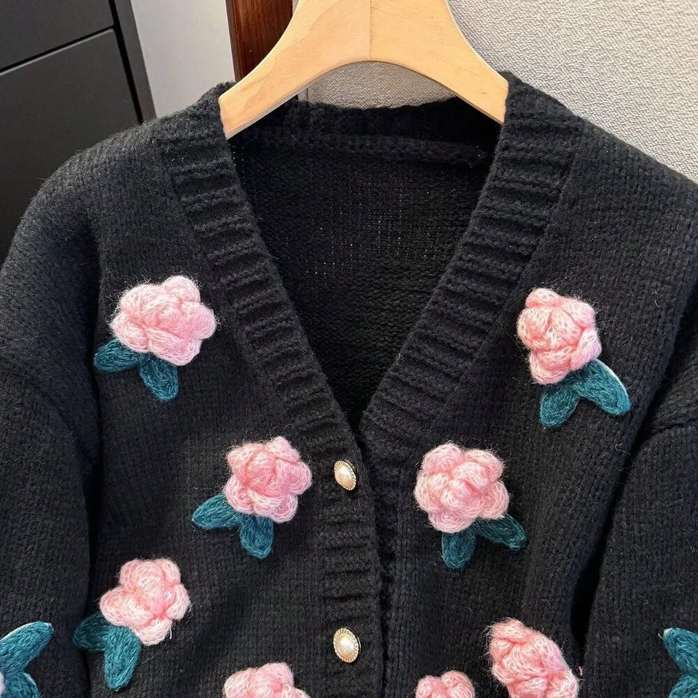 Black Casual Women's 3D Floral Knit Loose Fit Boho Cardigan